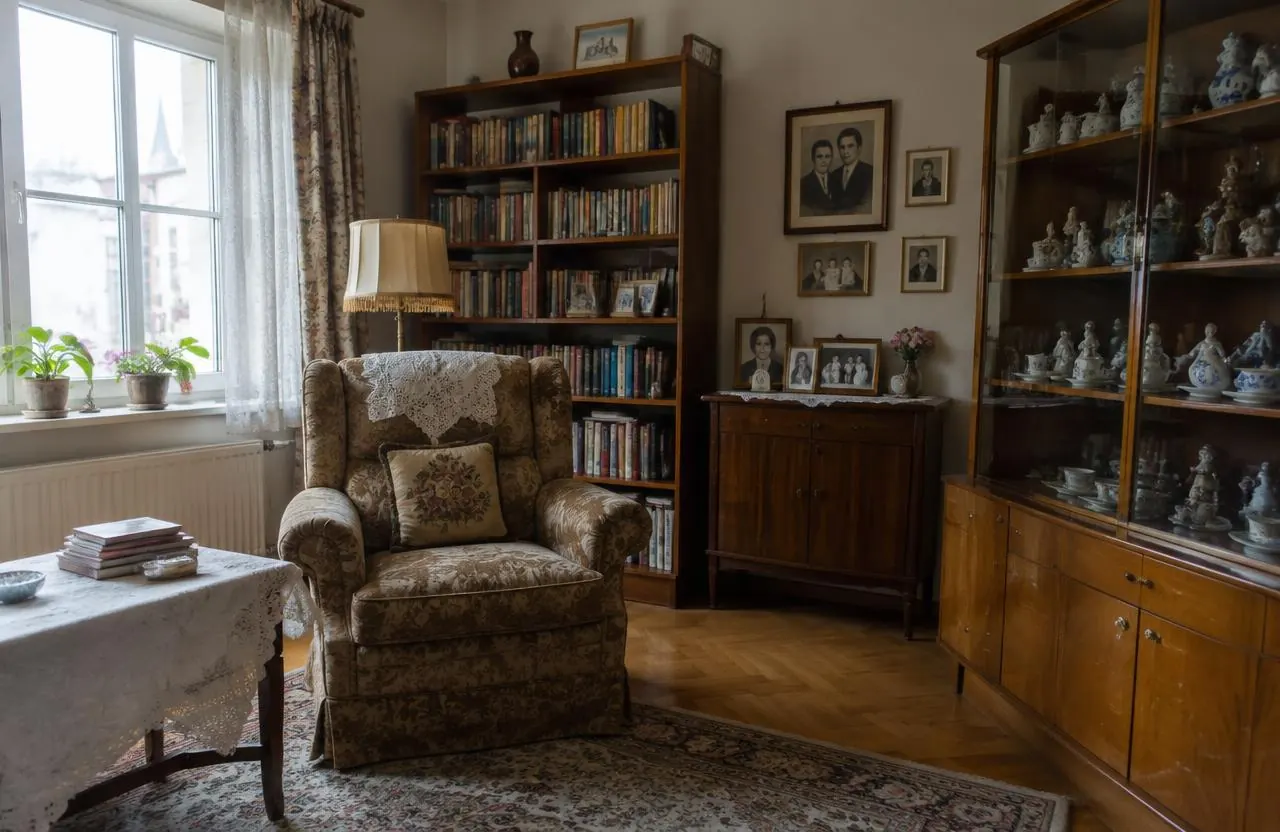 Wohnzimmer mit Ohrensessel, Bücherregal und Porzellanvitrine vor der Verlassenschaftsräumung